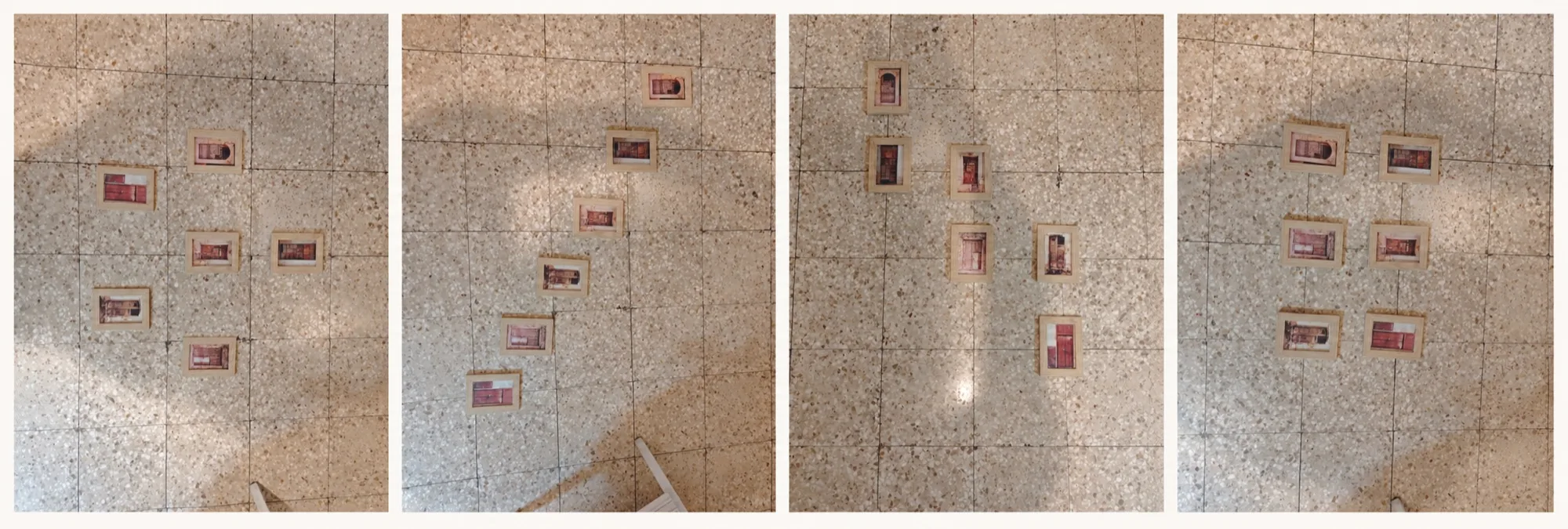 Seis marcos con fotos de puertas probados en cuatro distribuciones distintas sobre un suelo de terrazo