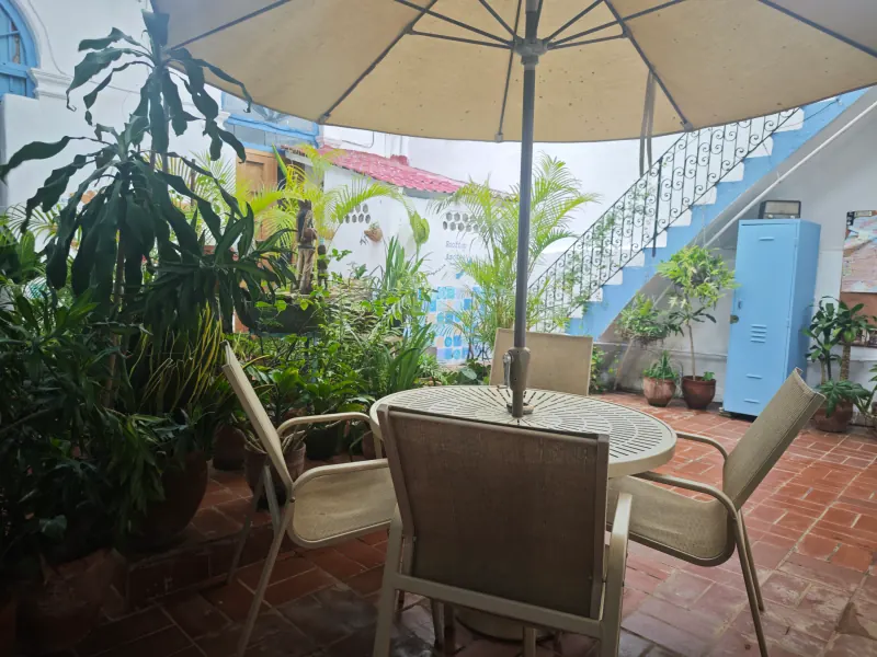 Innenhof mit Tisch unter einem Sonnenschirm, tropischen Pflanzen und der blauen Treppe zur Dachterrasse