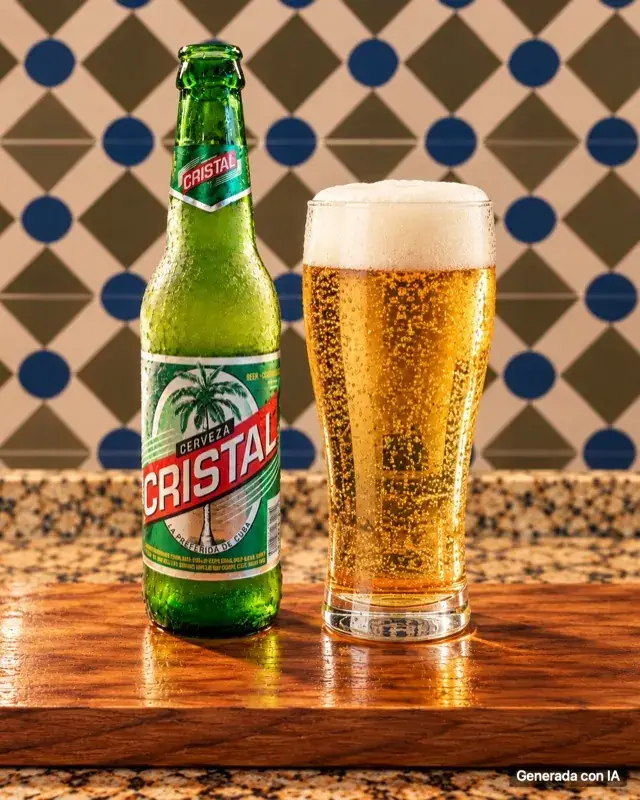 Image générée par IA : une bouteille de bière Cristal et un verre servi sur une planche en bois
